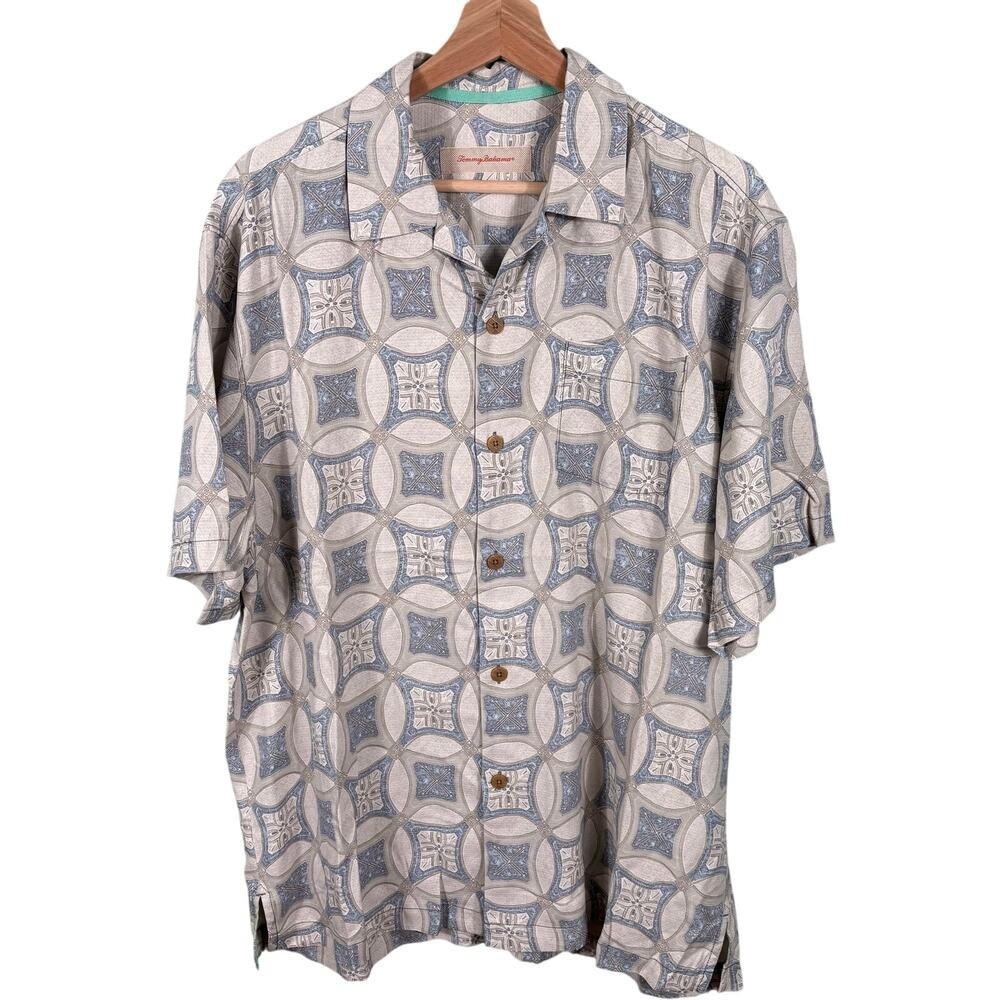 Tommy Bahama Short Sleeve Shirt Mens Medium Cream Silk Geometric Casual Light